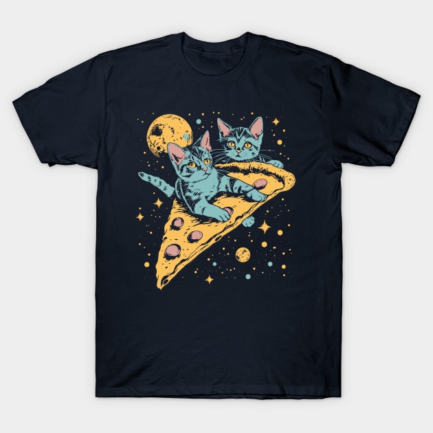 Retro futuristic cats on pizzas in space T-Shirt by DragonDream